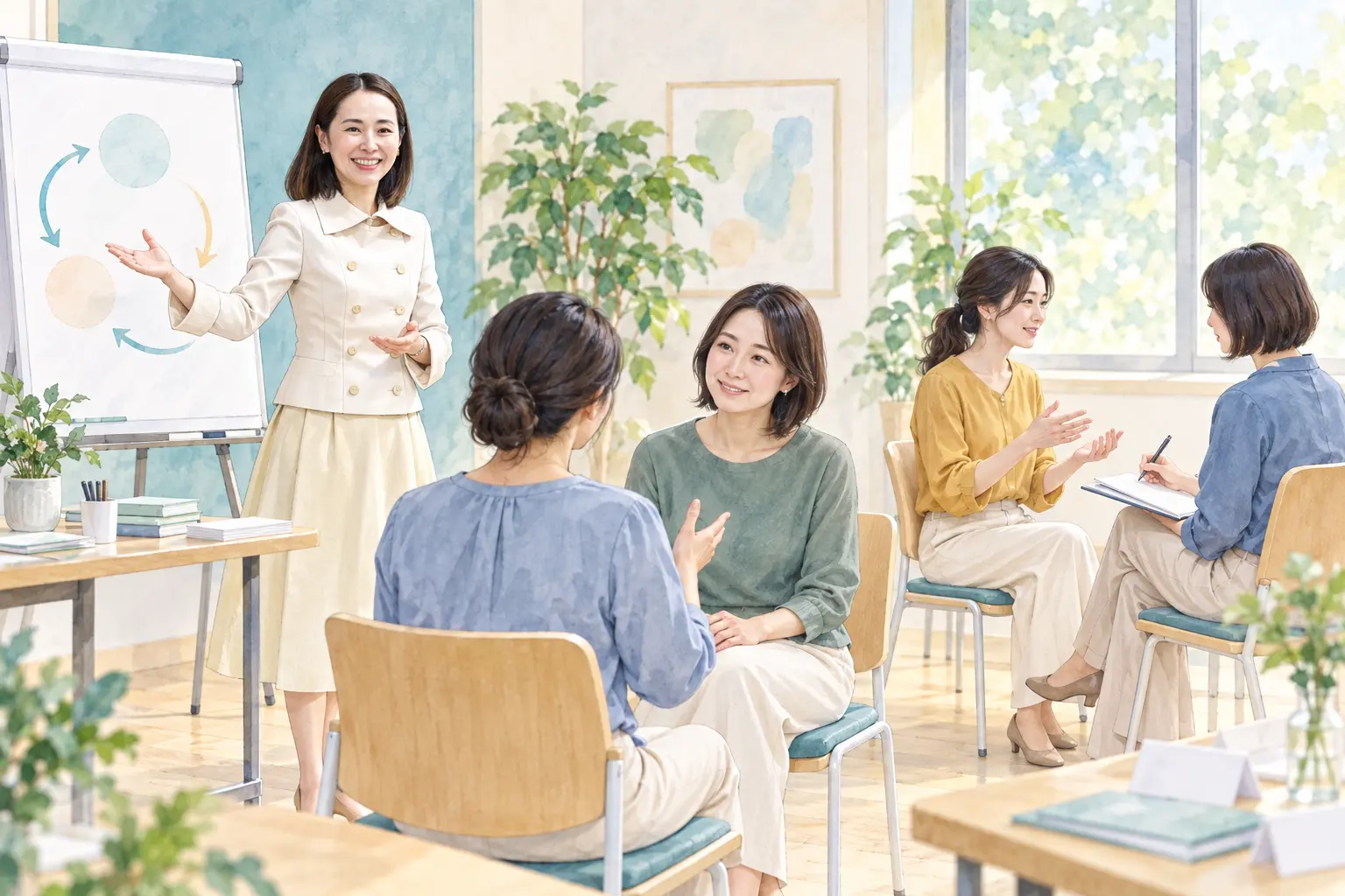 養成講座の教室で東口るみが女性受講者へコーチングを教えるイラスト