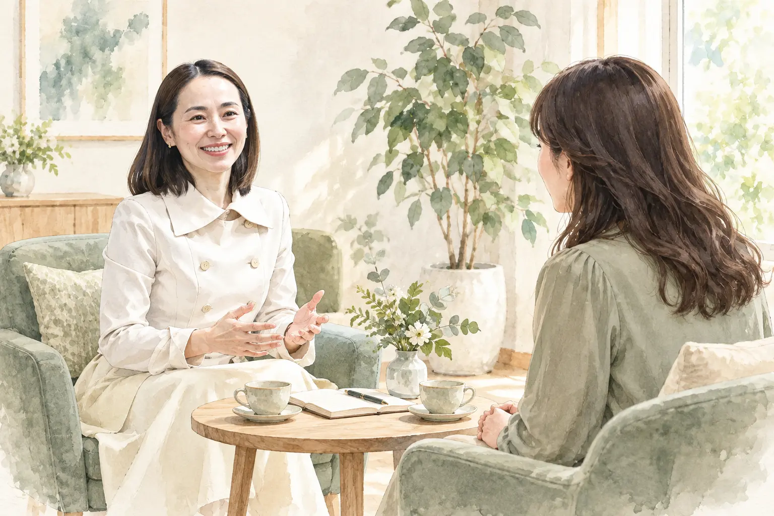 静かな相談室で東口るみが女性クライアントと1対1で対話するイラスト