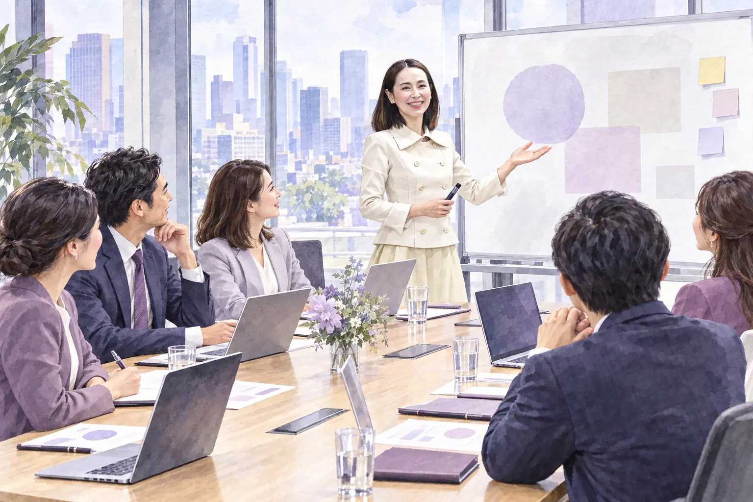 企業の会議室で東口るみが男女のチームへ研修を行うイラスト