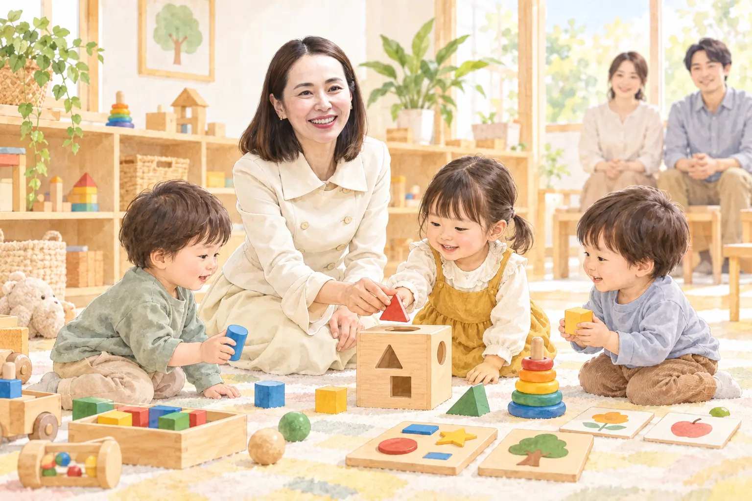 子どもの学習教室で東口るみが積み木やパズルを教えるイラスト
