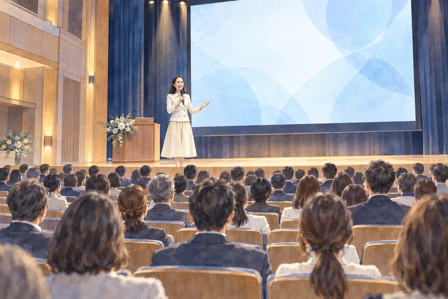 講演会場の壇上で東口るみが客席へ語りかけるイラスト