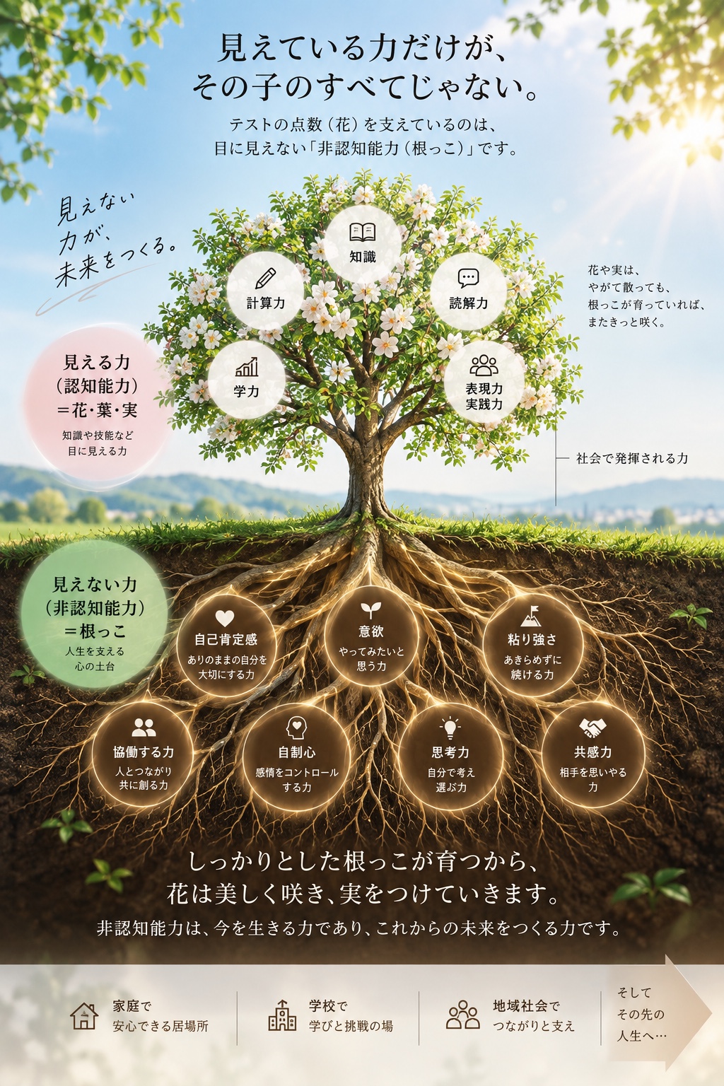 見える認知能力を花や実、見えない非認知能力を根っことして、両方の関係を説明するイラスト