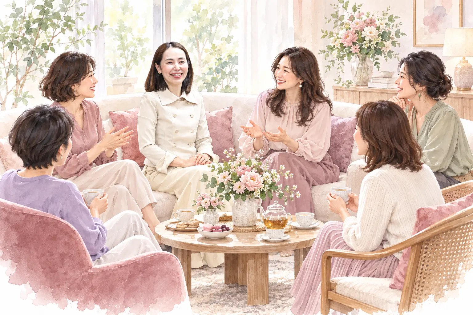 くつろいだサロンで東口るみと女性たちが輪になって対話するイラスト